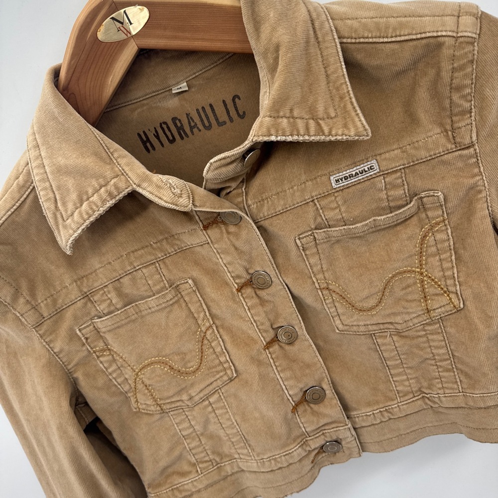Hydraulic Corduroy Trucker Jacket Womens M Brown Cropped Raw Hem‎ Cotton